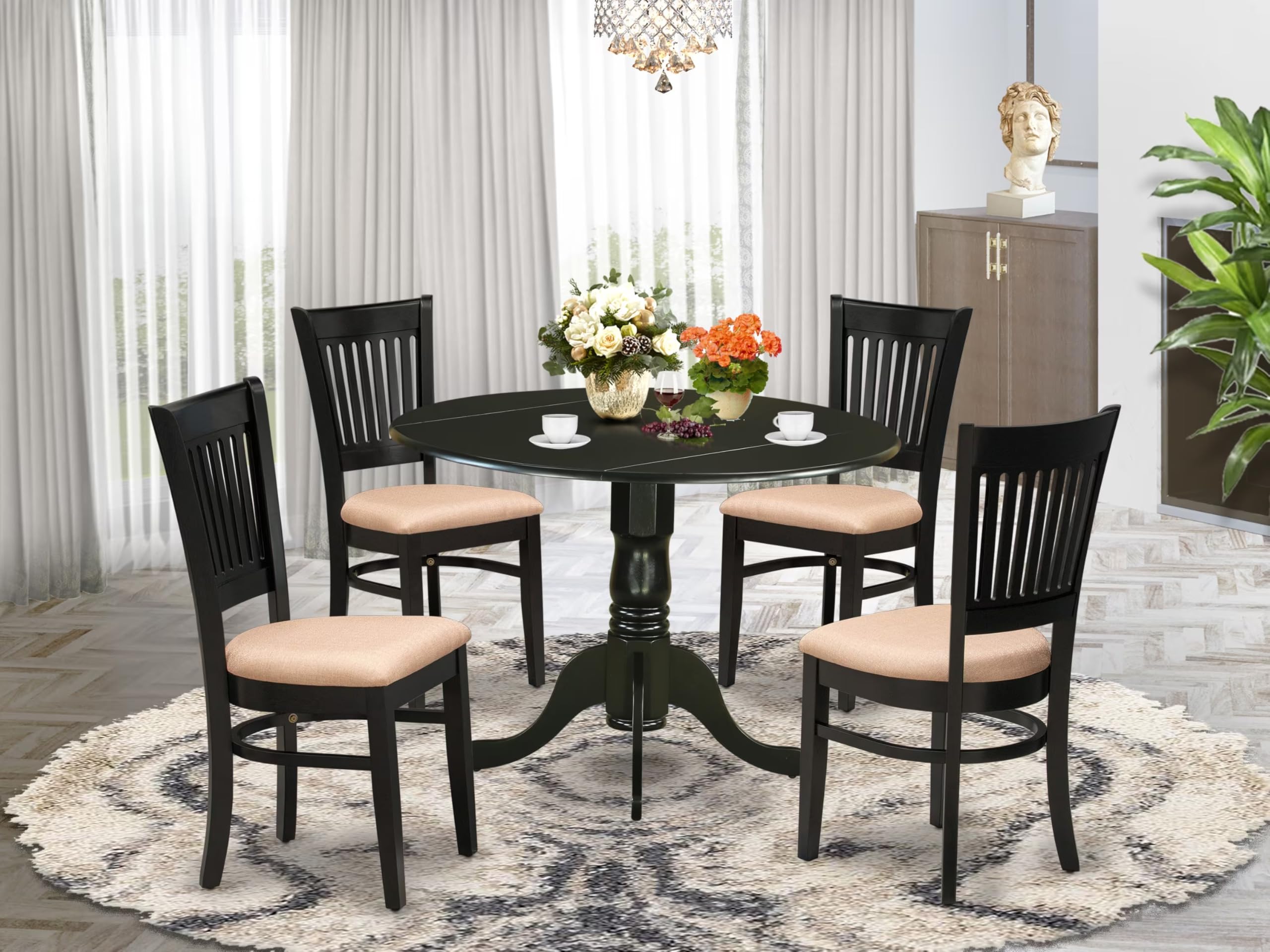 East West Furniture Dublin 5 Piece Dining Set For 4 Includes A Round Kitchen Table With Dropleaf And 4 Linen Fabric Upholstered Dinette Chairs, 42X42 Inch, Black